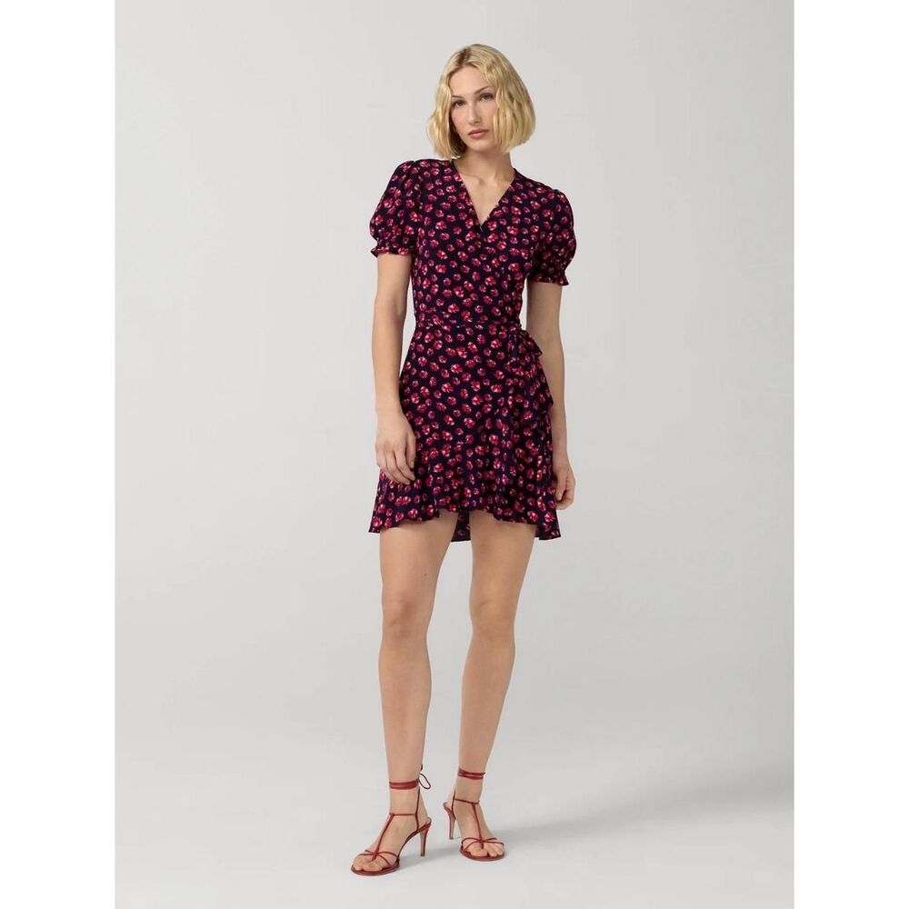Diane von Furstenberg Emilia Puff Sleeve Ruffle Wrap Mini Dress Navy Pink Floral